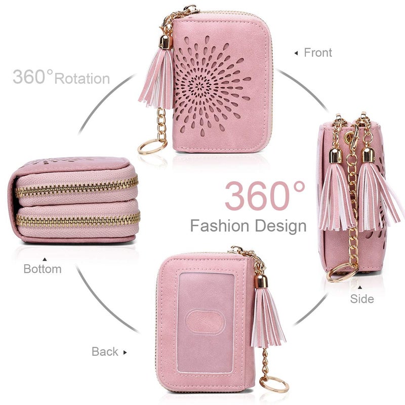 APHISON RFID Credit Card Holder Zipper Card Case Keychain Small Wallet for Women 1942-2 PINK - Image 2
